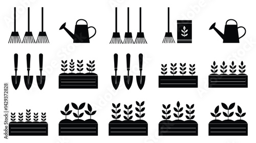 This image features a set of simple, black and white icons representing gardening tools and raised garden beds