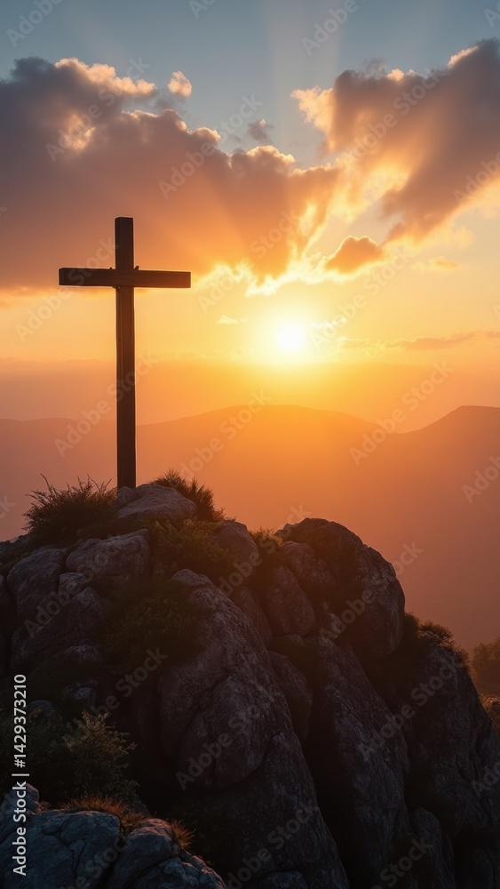Cross is on a mountain top with a beautiful sunset in the background. Concept of peace and serenity, as the cross stands as a symbol of faith