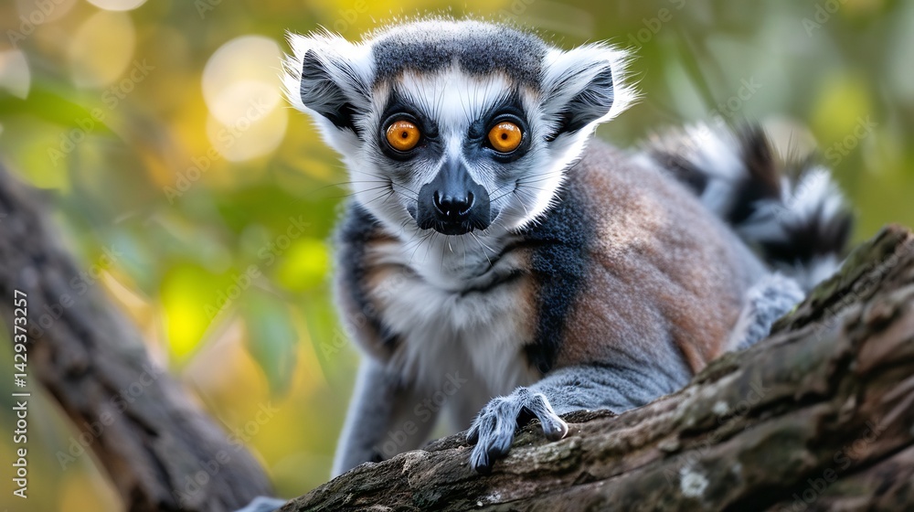 Obraz premium Curious ring tailed lemur sitting on a tree branch bright orange eyes looking at the camera black and white striped tail curled behind it