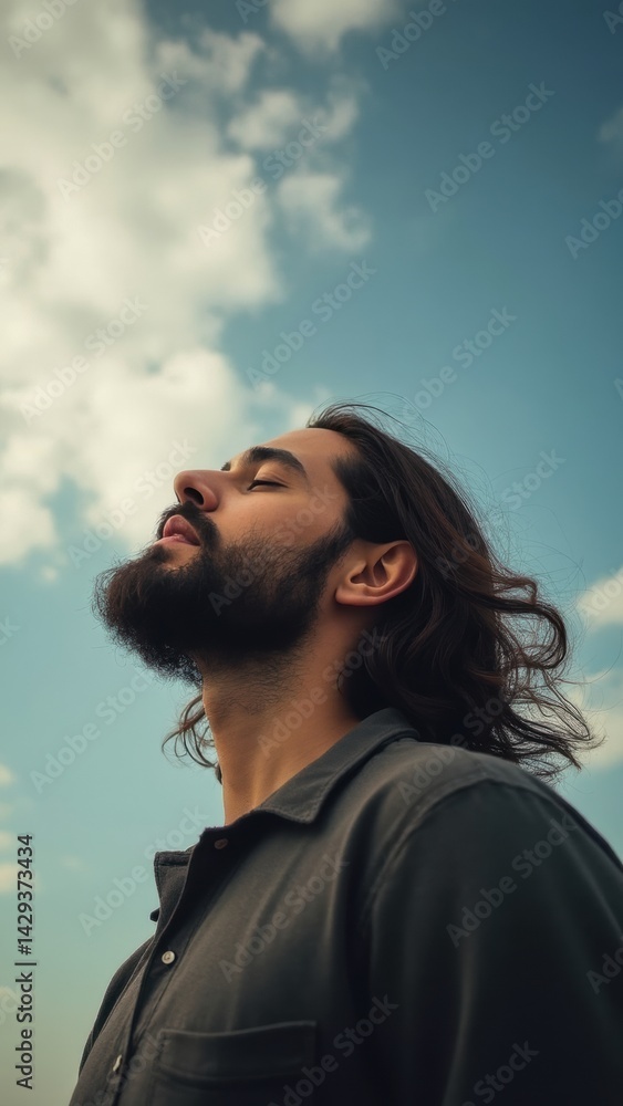 Man with a beard and long hair is standing outside on a sunny day. He is looking up at the sky and he is in a relaxed and peaceful state of mind