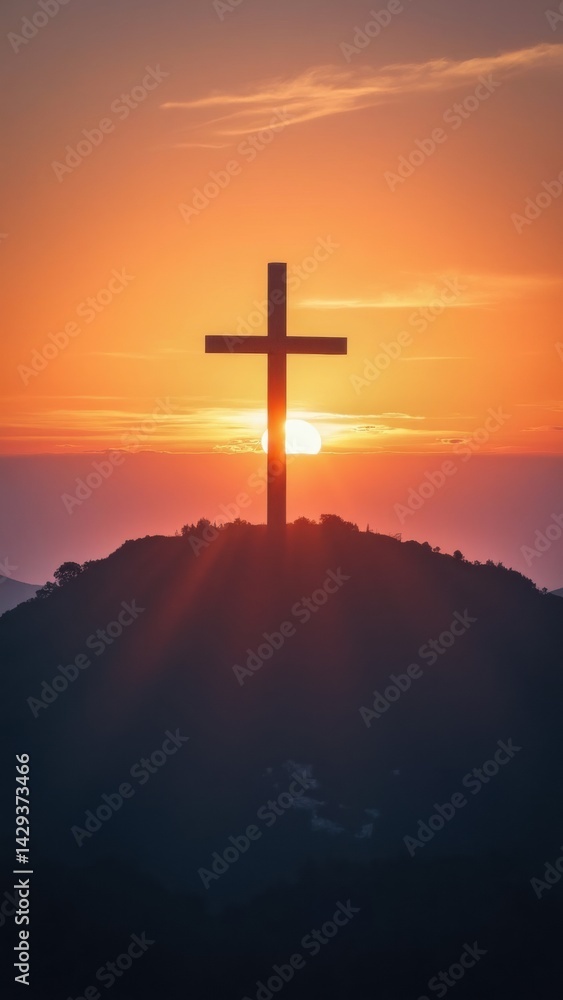 Cross is silhouetted against a sunset. The sun is shining on the cross, creating a warm and peaceful atmosphere