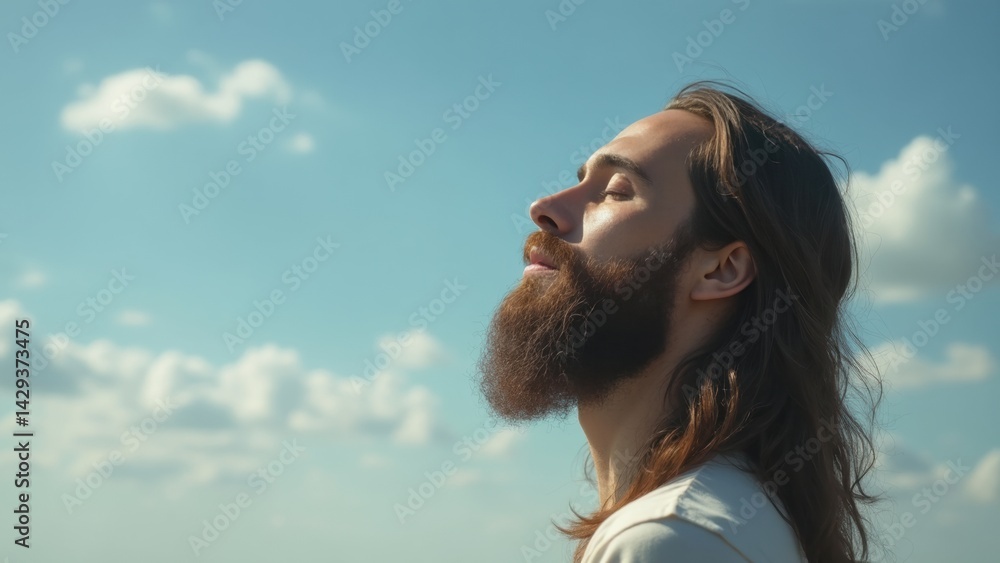 Man with a beard is looking up at the sky. He is in a peaceful and contemplative mood
