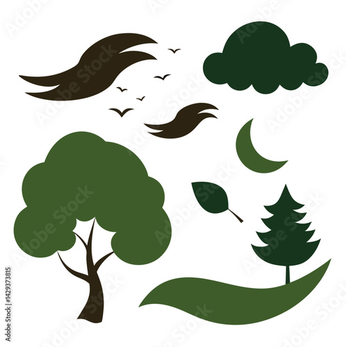 Silhouette Vector Tree Nature in Motion Silhouettes 6 Dynamic Scenes with Flying Birds, Flowing Water, and Windblown Trees for Sublimation, Digital Art, and Nature-Inspired Projects