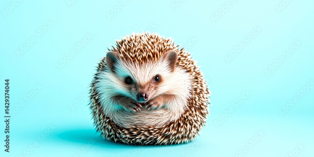 A cute and fluffy hedgehog sits in a playful pose. This adorable animal is perfect for nature lovers and fans of unique pets. The bright backdrop adds a fun touch. AI
