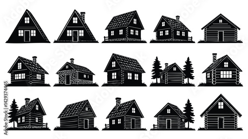 A collection of black silhouette illustrations of different rustic houses, including log cabins and A-frame cottages, situated on grassy plots