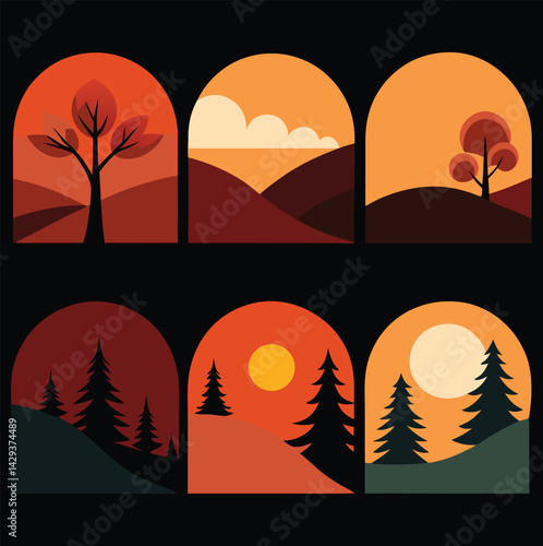 Silhouette Vector Tree "Sunset Landscape Silhouettes Pack 6 Scenic Nature Designs with Trees and Birds for Sublimation, Wall Art, and Tranquil Outdoor Themes