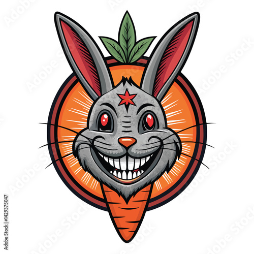 Create a digital painting of a demonic rabbit head, featuring stitched-up lips revealing a sinister grin and piercing eyes.  The style should be dark fantasy.