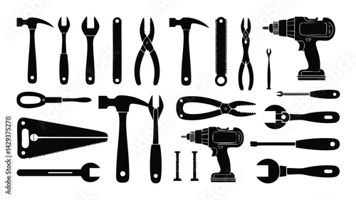 This image showcases a comprehensive collection of various tools, depicted as black silhouettes against a white background