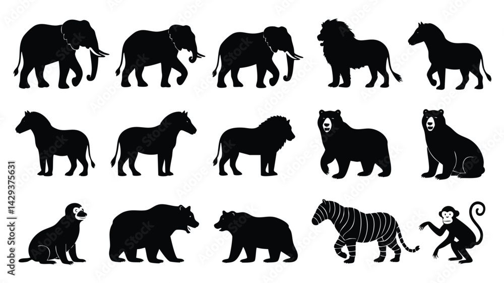 Naklejka premium A set of black silhouette illustrations of various wild animals, including elephants, lions, horses, zebras, bears, tigers, monkeys, and more