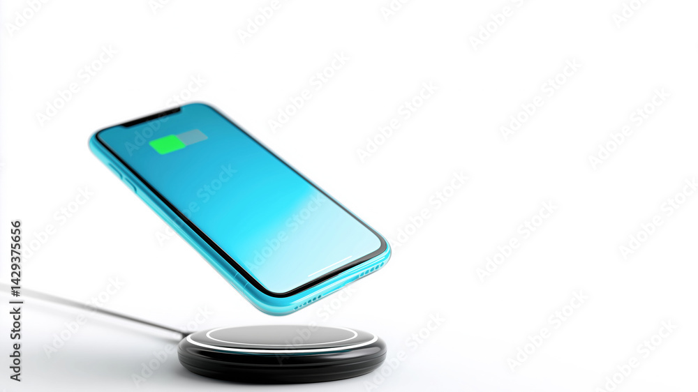 A phone is charging on a wireless charger. A phone is charging on a wireless charger.