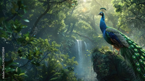 a peacock shows off his beauty in font of phenix king, in the forest, digital painting, realistic