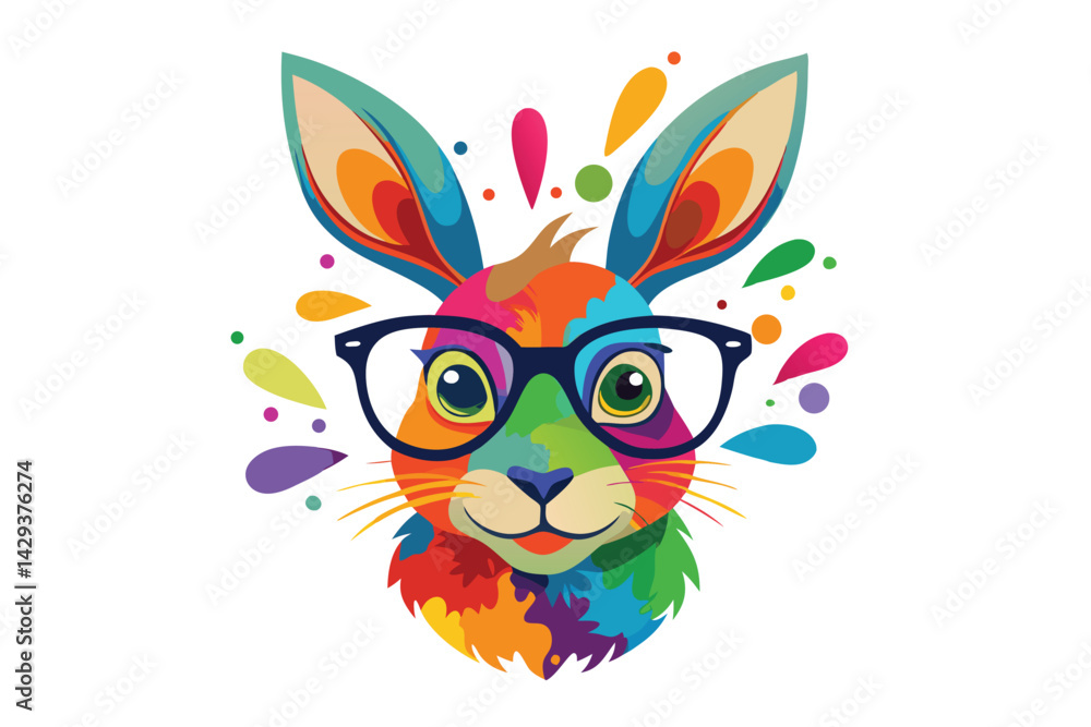 Fototapeta premium Colorful artistic rabbit in eyeglasses with colorful paint splatters on white background.