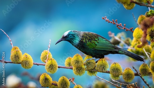 new zealand native bird tui is sitting on the branch of kowhai tree