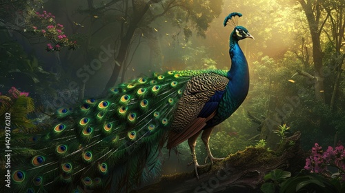 a peacock shows off his beauty in font of phenix king, in the forest, digital painting, realistic