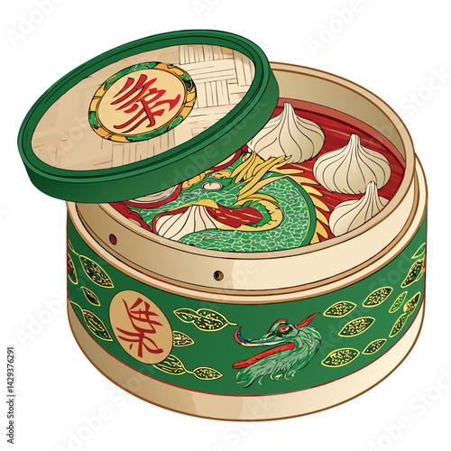 A jade-green dim sum steamer shaped like a dragon, intricate details, steaming,  bamboo backdrop.