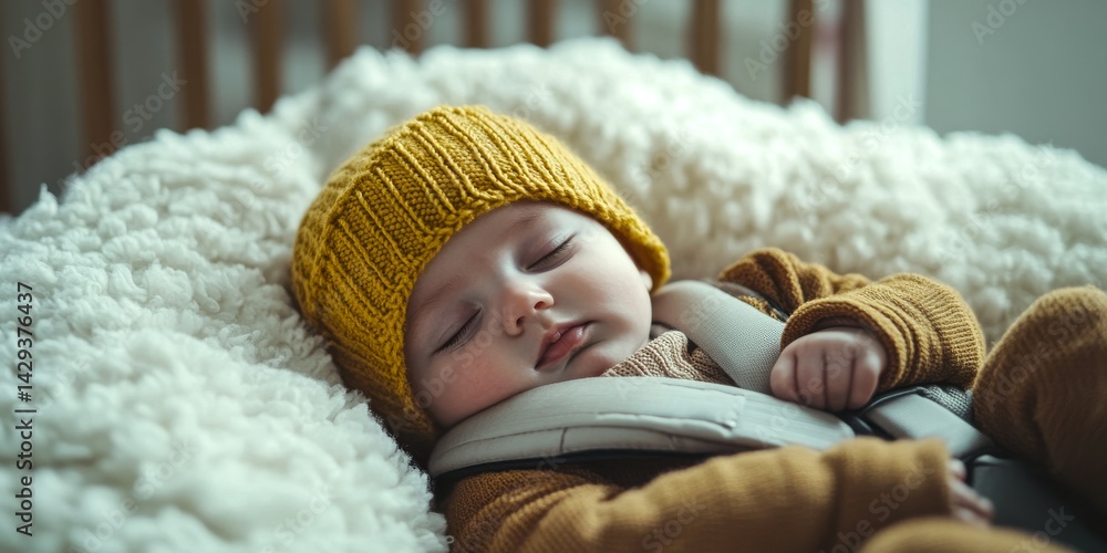 A peaceful baby sleeps in a cozy setting. The baby wears a soft yellow knit hat and a warm outfit. The backdrop includes a fluffy blanket and a calming environment. AI.
