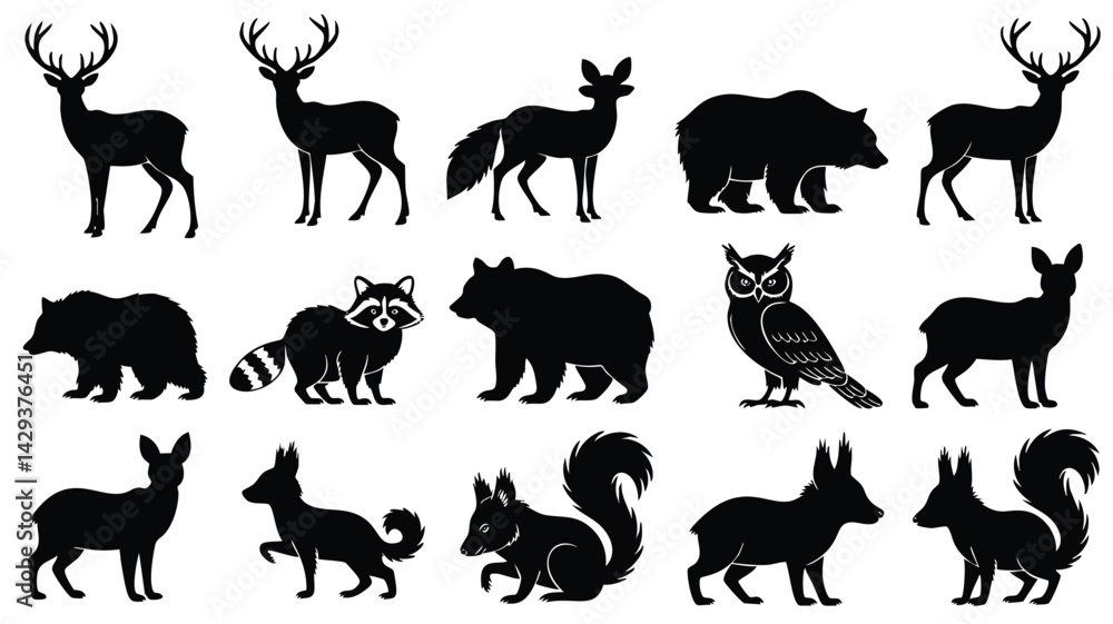Fototapeta premium A collection of black silhouette illustrations of various wild animals
