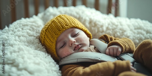 Obraz na płótnie A peaceful baby sleeps in a cozy setting. The baby wears a soft yellow knit hat and a warm outfit. The backdrop includes a fluffy blanket and a calming environment. AI. w salonie