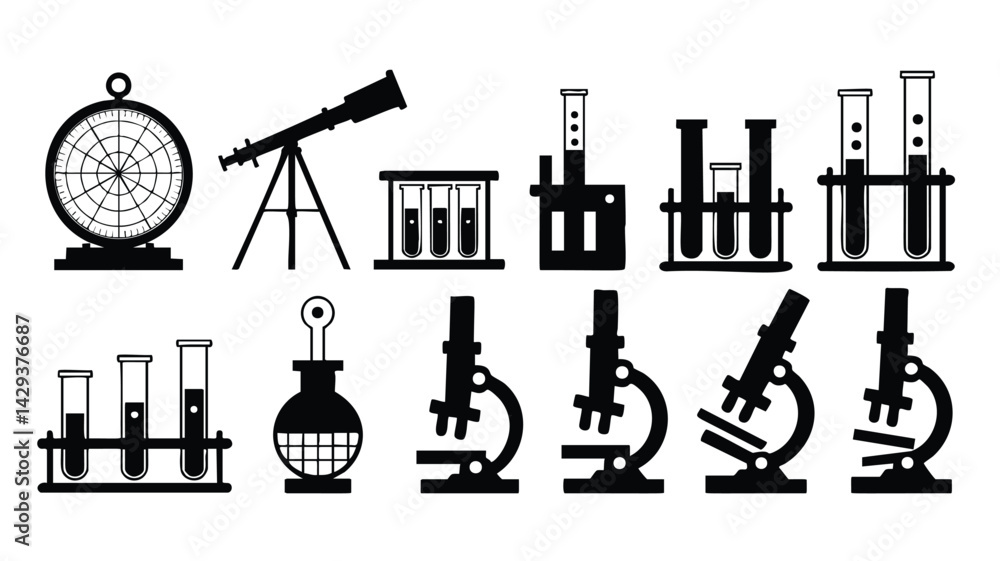 Obraz premium A set of simple, black and white silhouette icons representing various scientific instruments and equipment