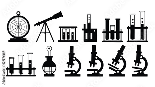 A set of simple, black and white silhouette icons representing various scientific instruments and equipment