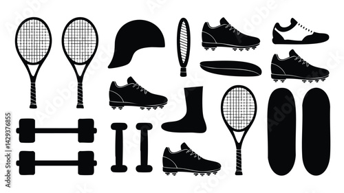 A collection of black silhouette icons representing various sports equipment