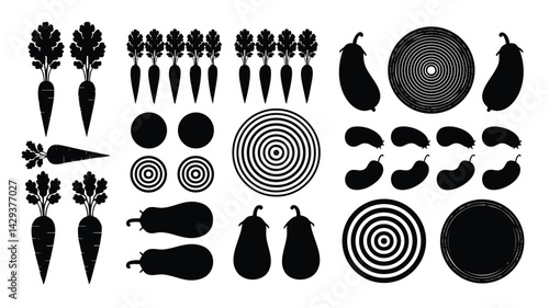 This image features a collection of black silhouette illustrations of carrots, eggplants, and their cross-sections