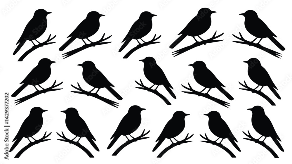 A seamless pattern of black silhouette birds perched on branches against a white background A seamless pattern of black silhouette birds perched on branches against a white background