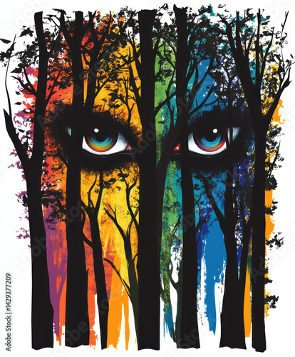 Colorful eyes looking through a foreboding forest on pure white background
