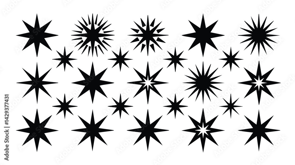 This image features a collection of various black star shapes on a plain white background This image features a collection of various black star shapes on a plain white background