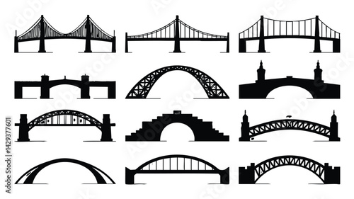 A collection of black silhouette illustrations of various types of bridges