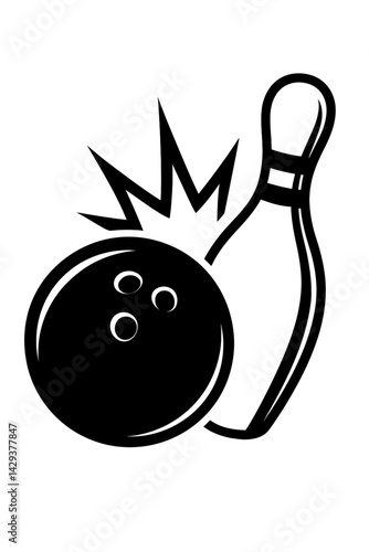Vector illustration of a bowling ball hitting a pin with impact lines in black and white. Represents sport, recreation, and strike.