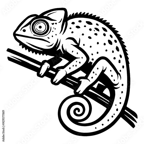 Vector illustration of a chameleon with its prehensile tail curled around a branch in black and white. Represents nature, wildlife, and adaptation.