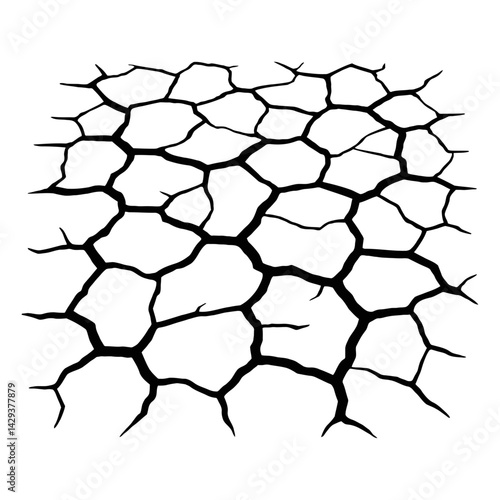 Vector illustration of dry cracked ground surface in black and white. Represents drought, arid land, and dryness.