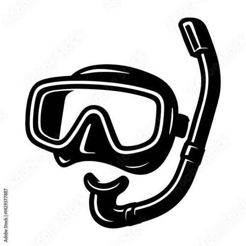 Vector illustration of a diving mask with an attached snorkel in black and white. Represents snorkeling, diving, and underwater exploration.