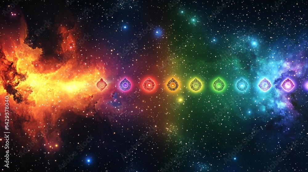 Naklejka premium Vivid Cosmic Scene Featuring Nine Illuminated Emblems in a Rainbow Spectrum Array, Set Against a Colorful Nebula with swirling Fire and Ice Hues, Bright Stars and Intricate Digital Art
