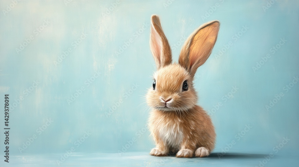 Obraz premium Sweet bunny with long ears and a gentle expression, sitting on a baby blue plain background
