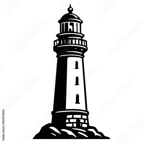 Vector illustration of a lighthouse standing on a rocky shore in black and white. Represents guidance, safety, and the sea.