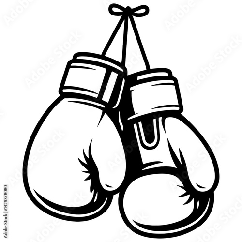 Vector illustration of a pair of boxing gloves hanging by their laces in black and white. Represents sport, training, and fitness.