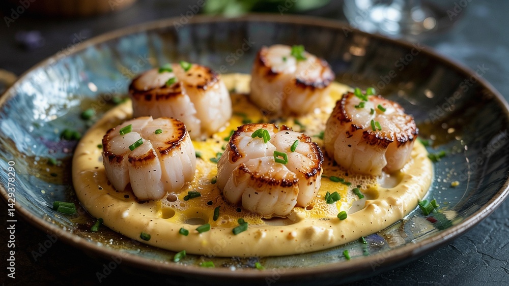 Extreme close-up of seared scallops, delicate with a golden-brown crust, served on a creamy sauce bed. Extreme close-up of seared scallops, delicate with a golden-brown crust, served on a creamy sauce bed.