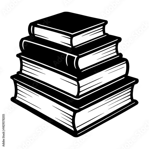 Vector illustration of a stack of four books in black and white. Represents knowledge, learning, reading, and education.