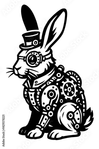 Vector illustration of a steampunk rabbit wearing a top hat and goggles with mechanical elements in black and white. Represents fantasy, Victorian era, and science fiction.
