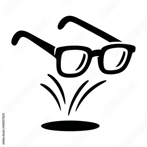 Vector illustration of a pair of glasses falling towards a surface in black and white. Represents accident, clumsiness, or dropping eyewear.