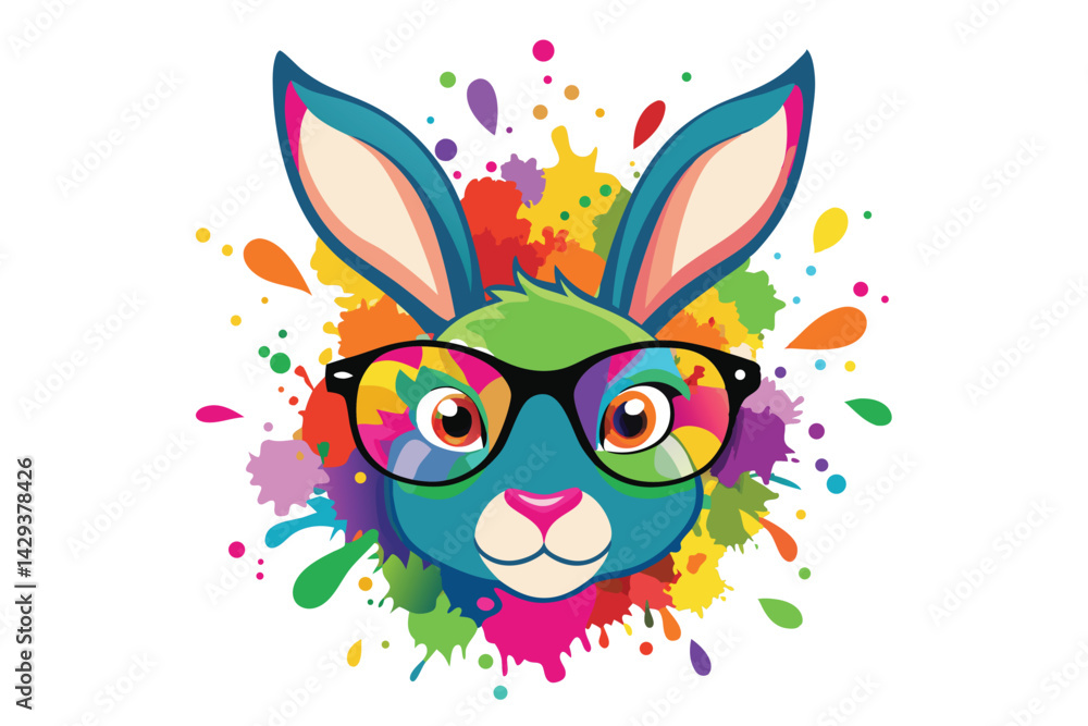 Fototapeta premium Colorful artistic rabbit in eyeglasses with colorful paint splatters on white background.