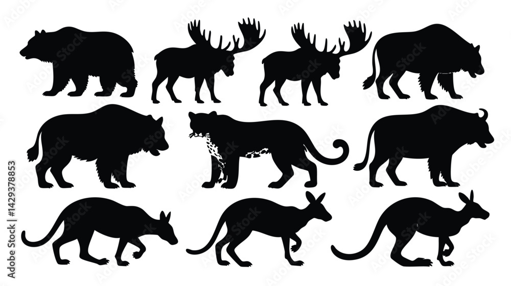 Fototapeta premium A collection of black silhouette animal profiles, including bears, moose, tigers, and kangaroos