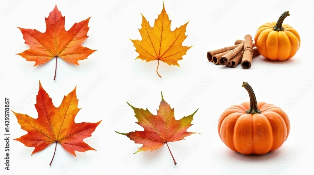 Autumn seasonal items collection with leaves and pumpkin isolated
Autumn seasonal items collection with leaves and pumpkin isolated