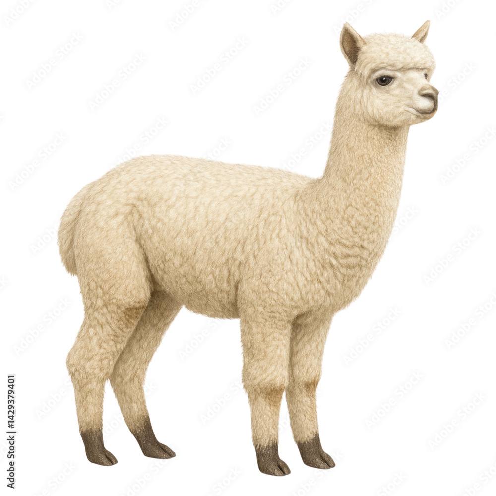 Fototapeta premium Adorable Fluffy White Alpaca Standing Profile View Farm Animal