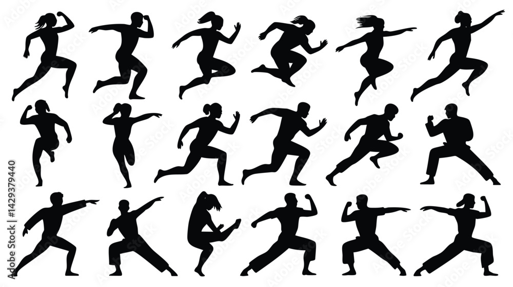 A set of black silhouette figures of men and women engaged in diverse fitness activities, including running, jumping, martial arts, and striking poses A set of black silhouette figures of men and women engaged in diverse fitness activities, including running, jumping, martial arts, and striking poses