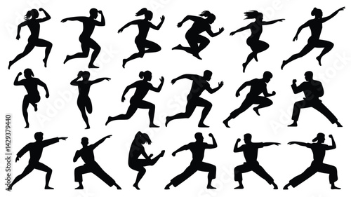 A set of black silhouette figures of men and women engaged in diverse fitness activities, including running, jumping, martial arts, and striking poses
