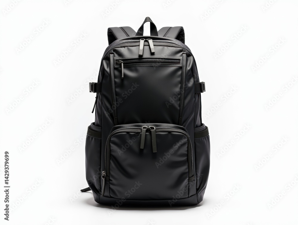 Naklejka premium Black multi-compartment backpack front view isolated