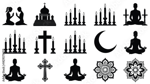A collection of black silhouette icons representing various religious and spiritual concepts